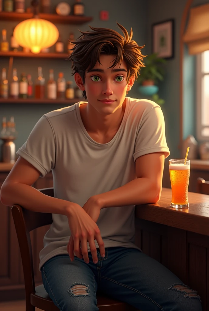 A young man with green eyes and brown hair, wearing a white t-shirt and jeans, sitting in a bar. , Pixar-style, cinematic, work of art, high aesthetics, realisitic 