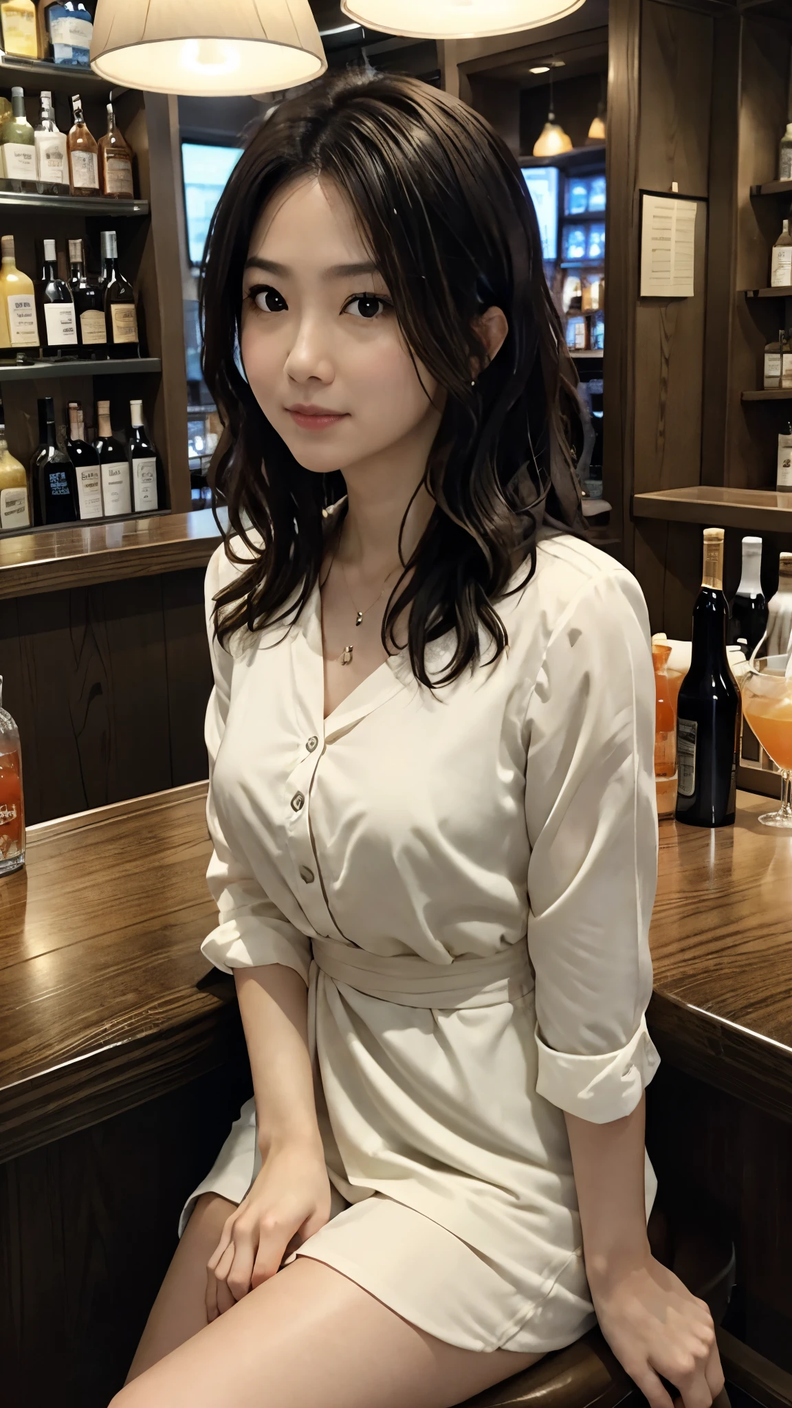 High-definition photos、Dimly lit quiet bar、Woman sitting on a chair drinking a cocktail at the counter、eye level、There are many drinks on the shelf behind the counter..、length, wavy black hair、black eye、Lonely look、顔は横を向く、カクテルグラスを持つ、口にグラスを付ける、目を閉じる