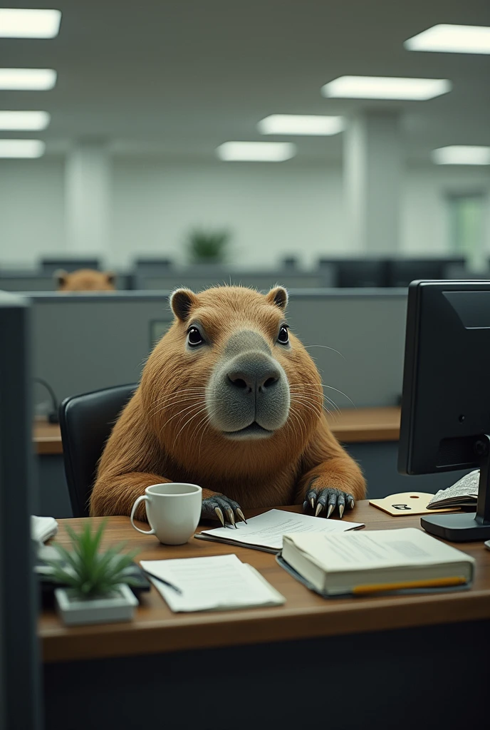 Draw a sad capybara working in an office