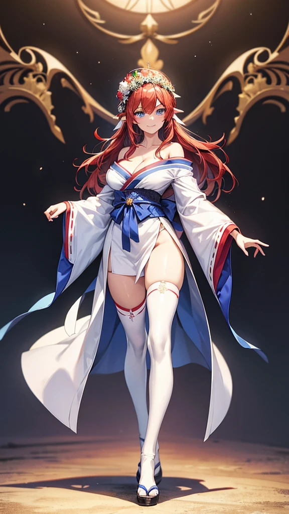 masterpiece, Highest quality, Plain white background, A full body image of a single adult woman, Standing upright,View from the front, sharp eyebrows , narrow blue eyes, Straight Hair, Red hair down to the waist, A proud smile, Elf, huge breasts, Flower Crown, White skin, tall, Off the shoulder,Blue and white kimono, Red waistband, BREAK, Japanese style black thigh-high socks,
