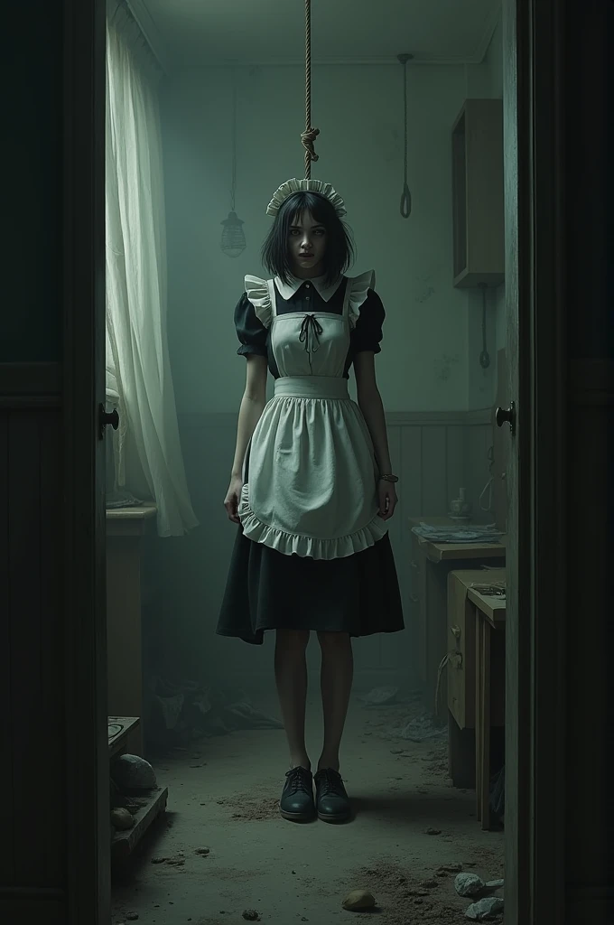 A movie poster, with a black haired, green eyed one, wearing a dark blue dress with a bloody white apron, and holding a knife in his hand