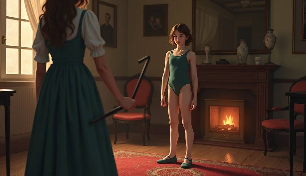 une fille 10 ans en leotard de dos . cambrée , hanche ronde . punition , caning , otk - année 1800 devant feu ouvert , . debout vieux salon . son professeur à côté tient une cane
