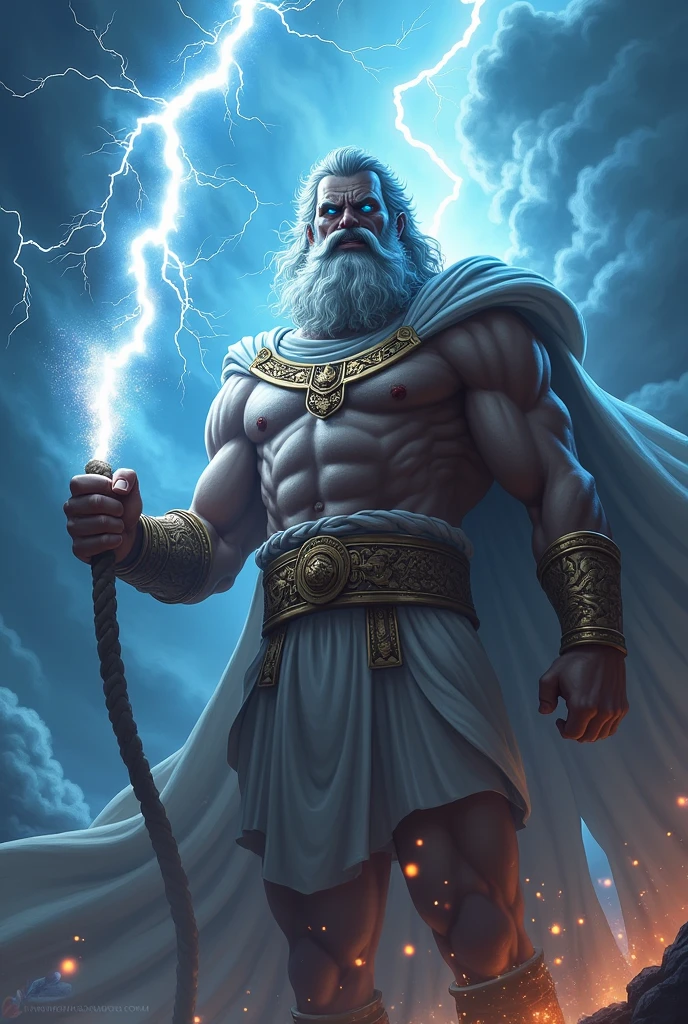 Zeus holding lightning, blue eyes, angry facial expression