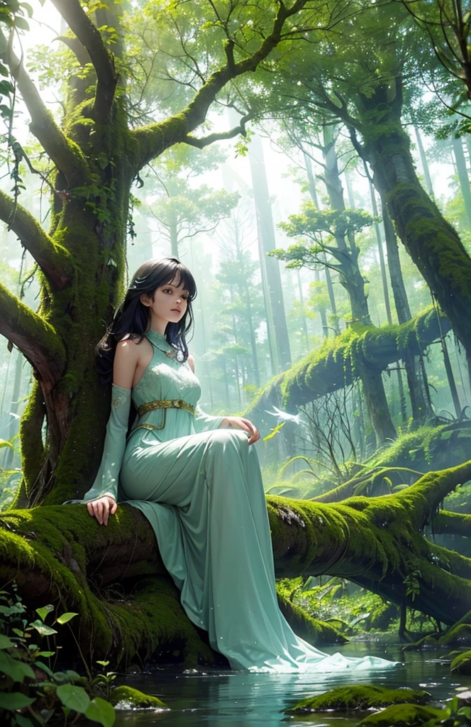 A young girl sitting on a mossy log in a tranquil forest, deep in thought, sunlight filtering softly through the dense canopy, casting dappled light around her, with a dream bubble floating above her head illustrating her imagination of having large luminescent wings and soaring gracefully above the treetops surrounded by birds and a clear blue sky, the scene inside the bubble vibrant and magical in contrast to the calm, earthy tones of the forest, capturing a blend of serenity, wonder, and the longing to break free and explore the skies