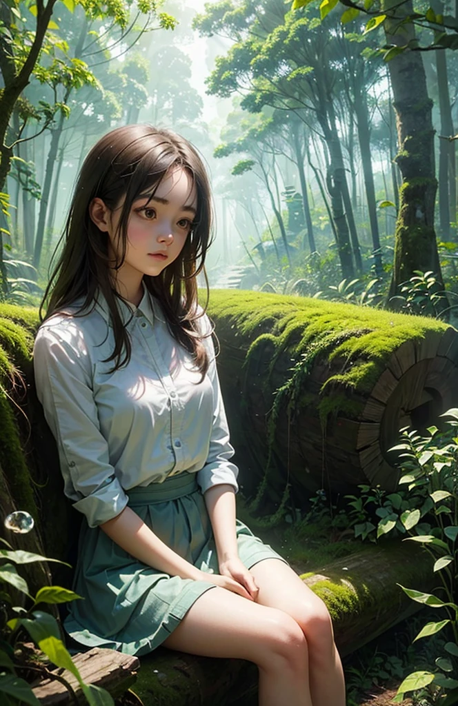 A young girl sitting on a mossy log in a tranquil forest, deep in thought, sunlight filtering softly through the dense canopy, casting dappled light around her, with a dream bubble floating above her head illustrating her imagination of having large luminescent wings and soaring gracefully above the treetops surrounded by birds and a clear blue sky, the scene inside the bubble vibrant and magical in contrast to the calm, earthy tones of the forest, capturing a blend of serenity, wonder, and the longing to break free and explore the skies