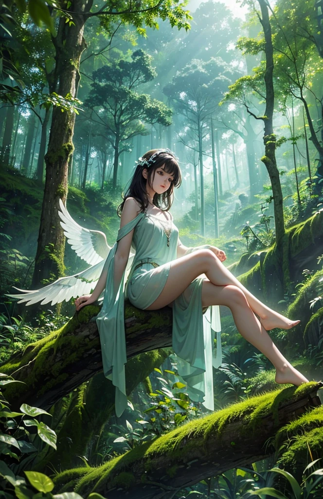 A young girl sitting on a mossy log in a tranquil forest, deep in thought, sunlight filtering softly through the dense canopy, casting dappled light around her, with a dream bubble floating above her head illustrating her imagination of having large luminescent wings and soaring gracefully above the treetops surrounded by birds and a clear blue sky, the scene inside the bubble vibrant and magical in contrast to the calm, earthy tones of the forest, capturing a blend of serenity, wonder, and the longing to break free and explore the skies