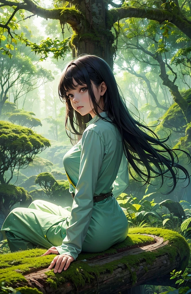 A young girl sitting on a mossy log in a tranquil forest, deep in thought, sunlight filtering softly through the dense canopy, casting dappled light around her, with a dream bubble floating above her head illustrating her imagination of having large luminescent wings and soaring gracefully above the treetops surrounded by birds and a clear blue sky, the scene inside the bubble vibrant and magical in contrast to the calm, earthy tones of the forest, capturing a blend of serenity, wonder, and the longing to break free and explore the skies