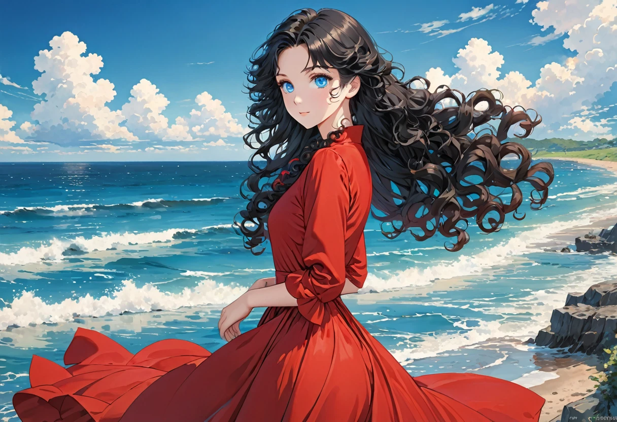 Anime image of a girl. Long black hair. Blue eyes. Near the sea. Curly silky hair,red dress,