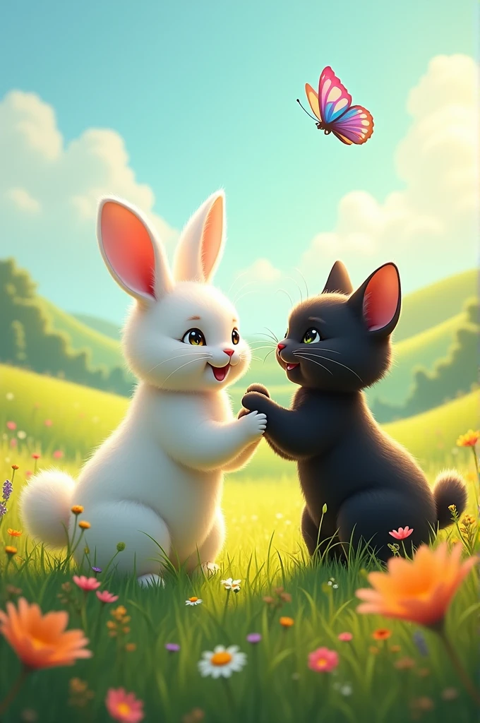 White fluffy rabbit and black cat playing in a meadow with a butterfly. 