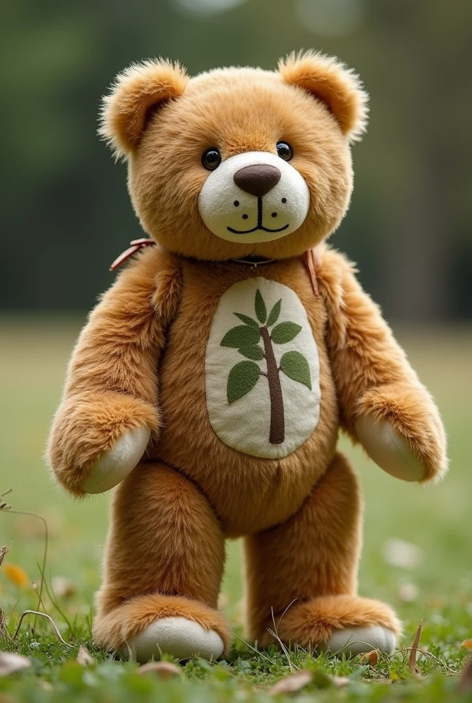 A teddy bear made from luxury eco-friendly materials, representing the company's commitment to the environment. He could be portrayed in a natural pose, as if you were having fun in an outdoor environment. The mascot could interact with the influencer in photo shoots, videos and advertisements, promoting the company's commitment to the environment.