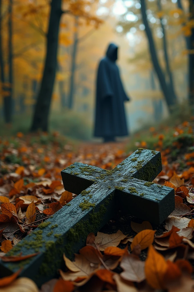 An autumn forest with an old abandoned grave cross on the ground and a blurred hooded man. realist 