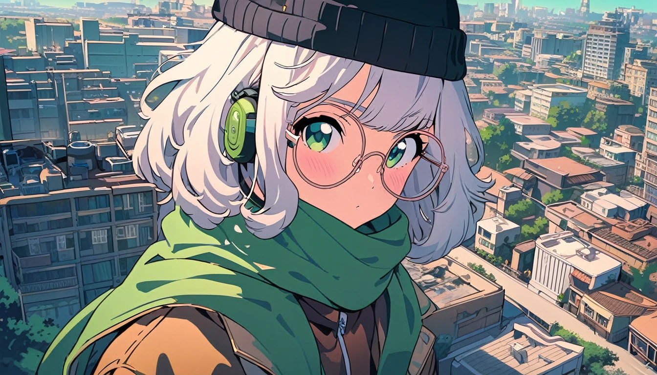 (extremely detailed CG unity 8k wallpaper), (best quality), (best illustration), (best shadow), realistic lighting, beautiful detailed reglow, masterpiece, best quality, lofi artstyle, lofi art, city, town, 80s anime style, Retro, Lo-Fi, 1girl, 1girl, bangs, beanie, black headwear, blush, covered mouth, glasses, green background, green eyes, green scarf, green theme, hat, jacket, looking at viewer, round eyewear, scarf, simple background, solo, upper body, white hair, Using Headphone