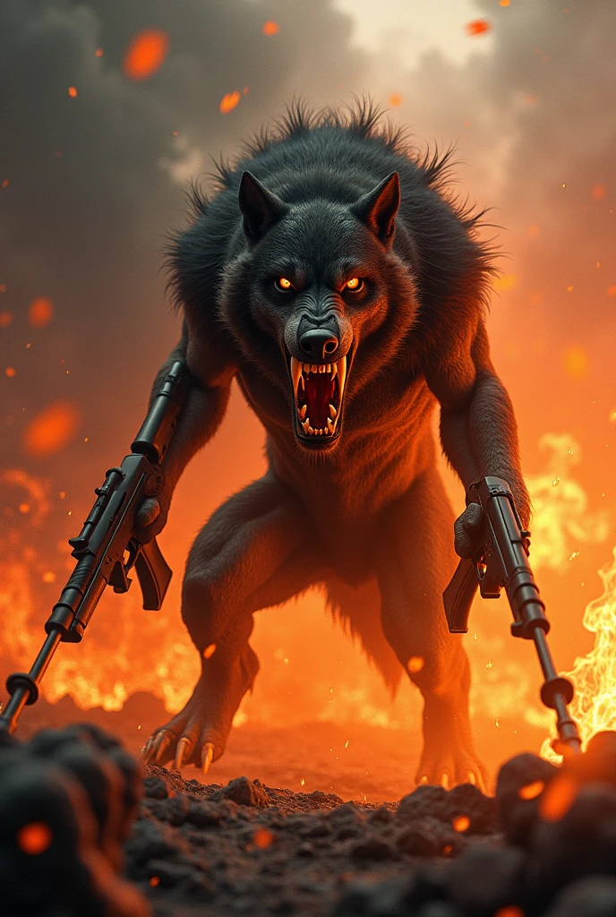 Evil wolf on fire with machine gun and shotgun