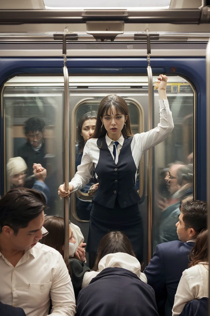 (Crazy behavior: 1.5), 1 person, (Full Body Shot), 1 person, (((OL being molested: 1.5))), (so beautiful), (Beautiful Face: 1.5), The girl has her hands tied behind her back, is crying, (Office Lady Uniform: 1.2), (In a crowded train: 1.5), The man forcefully kisses her, (A man takes off his girlfriend's skirt: 1.5), (The man hugs her chest: 1.5), (At S.F.W.: 1.1), (((Pussy visible through shirt))), (Moans of pain: 1.3), (???????: 1.5),