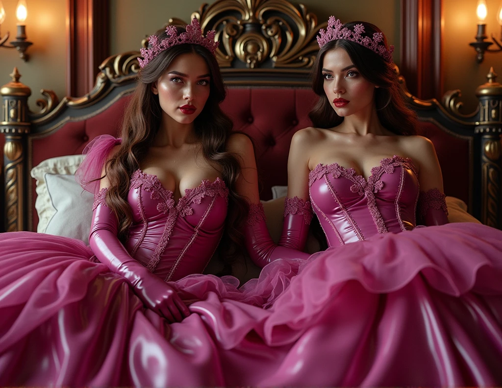 two Latex Princess, Wide victorian latex Princess magenta wedding gown, show titts, red lips, brown hair, Wide Petticoat, lying in bed, The whole dress touches the floor, overkneehigh latex boots, Latex gloves, Beautiful Long hair with ringlets, Picture from head to toe, Latex,