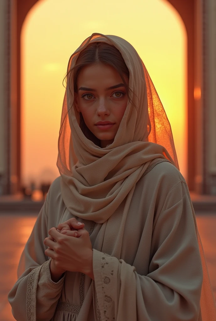 A 17 year beautiful girl with full naqab only show her beautiful eyes front of taj mahal sunset time hyper realistic