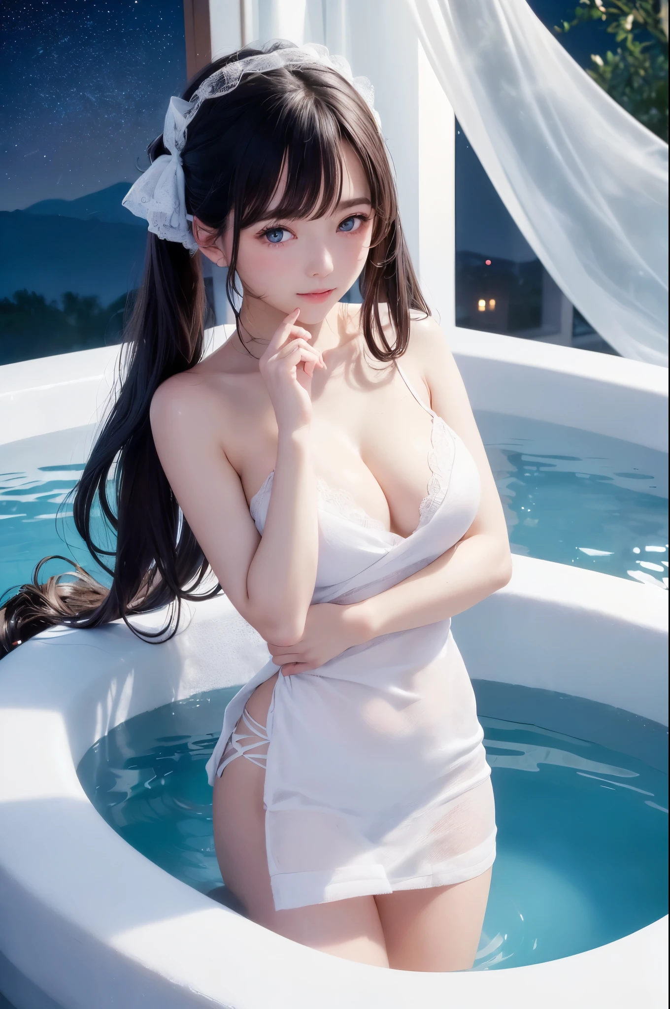 ((masterpiece)), ((highest quality、Ultra high definition)), (Very detailed),8K、(Photo quality)、(((Amazingly cute girl))), (16-year-old girl), (Beautiful sapphire blue eyes), ((smile)),White skin、Glossy lips、In a suite at a vast, ultra-luxurious resort hotel, Beautifully arranged black hair in twin tails、Lace fabric ribbon、whole body、(Slim figure)、((Professional Lighting))、(White lace knee-highore detailed and beautiful)、(More details and cutenesore realistic)、White panties are showing through、(((Ultimate cuteness in every way)))、Blake/、(A large public bath at a luxurious resort)、(Spacious bathtub)、((A lot of soap bubbles))、((A lot of soap bubblesが体に付着))、((My body is covered in soap bubbles))、((Small breasts))、(((Spread your legs)))、((NFSW))、(((Low - Angle)))、((Shooting from below))、(((Wet and see-through nipples)))、((When wet, the mansuji is visible))、