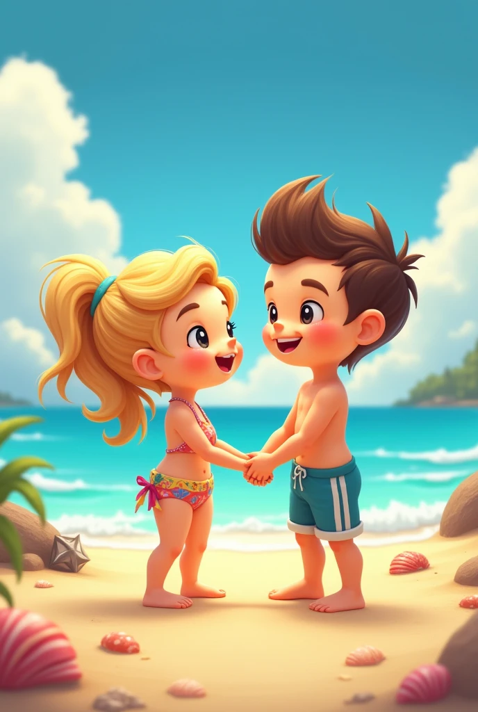 Create a cute little star in a bikini and another little man star in shorts , on a beautiful beach with hands together looking at the beach happily
