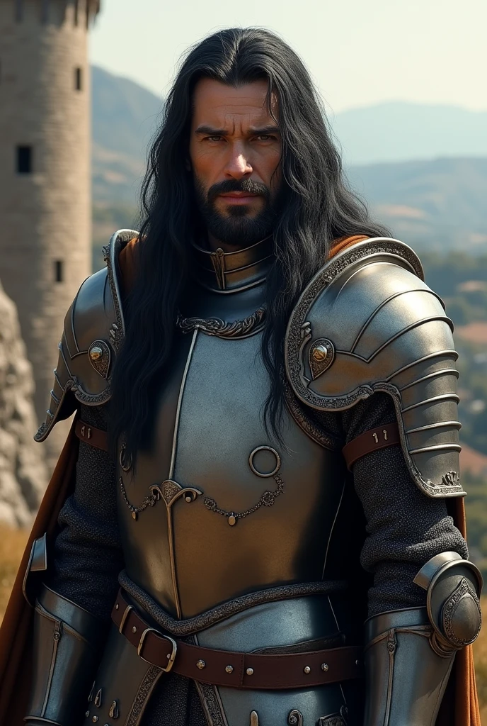 A medieval knight with long black hair with streaks of white hair