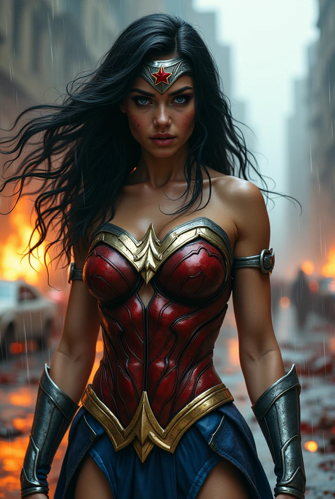 (((A beautiful woman under the mantle of the Amazon warrior Wonder Woman has long hair, black with a silver metal diaema this Diaema wears a red star on her forehead,His eyes are light blue. Her superheroine costume is samurai themed.. Her costume usually includes a blue jumpsuit and a gold armor top over her jumpsuit on her knees screaming exhausted after an extensive battle blood around her in an apocalyptic and rainy city cars and buildings on fire)))