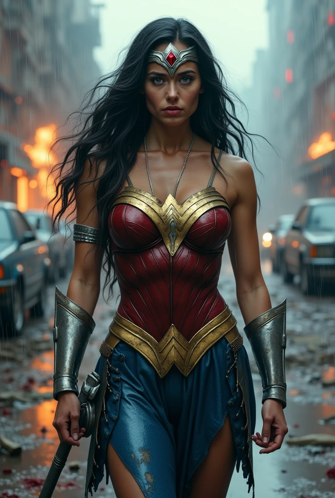 (((A beautiful woman under the mantle of the Amazon warrior Wonder Woman has long hair, black with a silver metal diaema this Diaema wears a red star on her forehead,His eyes are light blue. Her superheroine costume is samurai themed.. Her costume usually includes a blue jumpsuit and a gold armor top over her jumpsuit on her knees screaming exhausted after an extensive battle blood around her in an apocalyptic and rainy city cars and buildings on fire)))