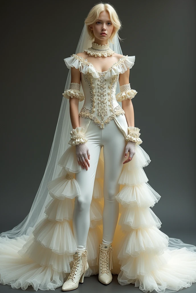 Slim androgynous young man, with blonde hair, rococo groom dress. She wears a unique outfit that combines a dress with very tight white dress pants.. The trousers are complemented by a fluffy, layered dress train that starts at the waist., with lace and tulle. the top, an imperial collar with full lace at the waist, sleeveless, without transparencies, decorated with delicate ruffles and sewn crystals that add a touch of luxury. The ensemble is completed with a long layered bridal veil., elbow length lace gloves

