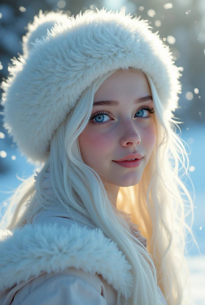 White hair, cute smile, white skin, blue eyes, teenager, , boa hat, light pouring down before the snow falls