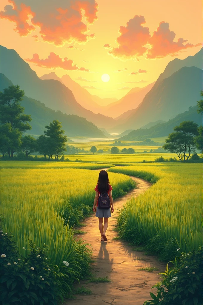 Create a continuous book cover illustration showing a serene landscape scene of rice fields and mountains at sunset. The front and back cover should seamlessly connect, with a rural path winding through the fields. A lone teenager, seen from behind, walks along the path toward the mountains. The scene should capture the warm, golden hues of the late afternoon, with the sun low in the sky. The setting should evoke a peaceful, contemplative mood.