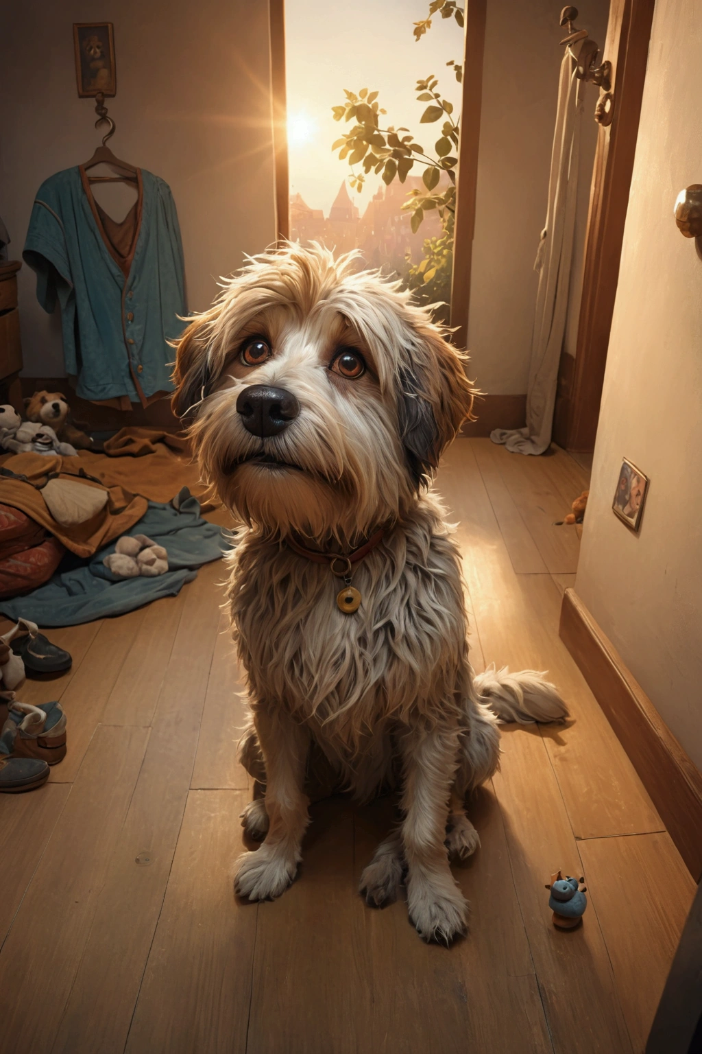 there is a dog cartoon charater in disney style that is sitting on the floor in the room, scruffy looking, looking straight to camera, by Romain brook, by Emma Andijewska, looking straight to the camera, selfie of a dog, his hair is messy and unkempt, retired barney, cute furry needs your help, portrait zeus, by Petr Brandl, looking smug