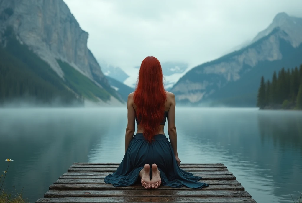 realistic style, photo, photorealistic, high detail, (sharp), (photorealism:1.2), (photo:1.2) of a beautiful muscular redhead woman with long hair kneeling with her back to the camera on a wooden pier by a lake, looking at the mountains on the left side, extremely detailed face and body, hyper realistic, natural lighting, vivid colors, photorealistic, masterpiece, 8k. [Entire scene is surrounded by mist, evoking a mysterious and eerie atmosphere. The lighting is dark and atmospheric, with smoke and fog adding a touch of sinister ambiance. Best quality image, HDR enhancement, showcasing the utmost level of detail and realism]. [8K, Best Quality, Ultra High Resolution, (highly detailed CG unity 8k wallpaper), (best photo), (best shadows), isometric 3D, octane rendering, ray tracing, highly detailed, (Best quality, 4K, 8k:1.2), absurdity, ultra detailed, (realistic, photorealistic, photorealistic:1.37), complex parts, HDR, (complex parts:1.12), (hyper detailed, hyper realistic, Soft lighting, spicy:1.2), (complex parts, Hyper detailed:1.15). Blurred foreground. (backlit), masterpiece, high quality, brightness, chromatic aberration, foggy smoke, shadows, contrast, (warm hue, warm tone), high details, natural reflections].