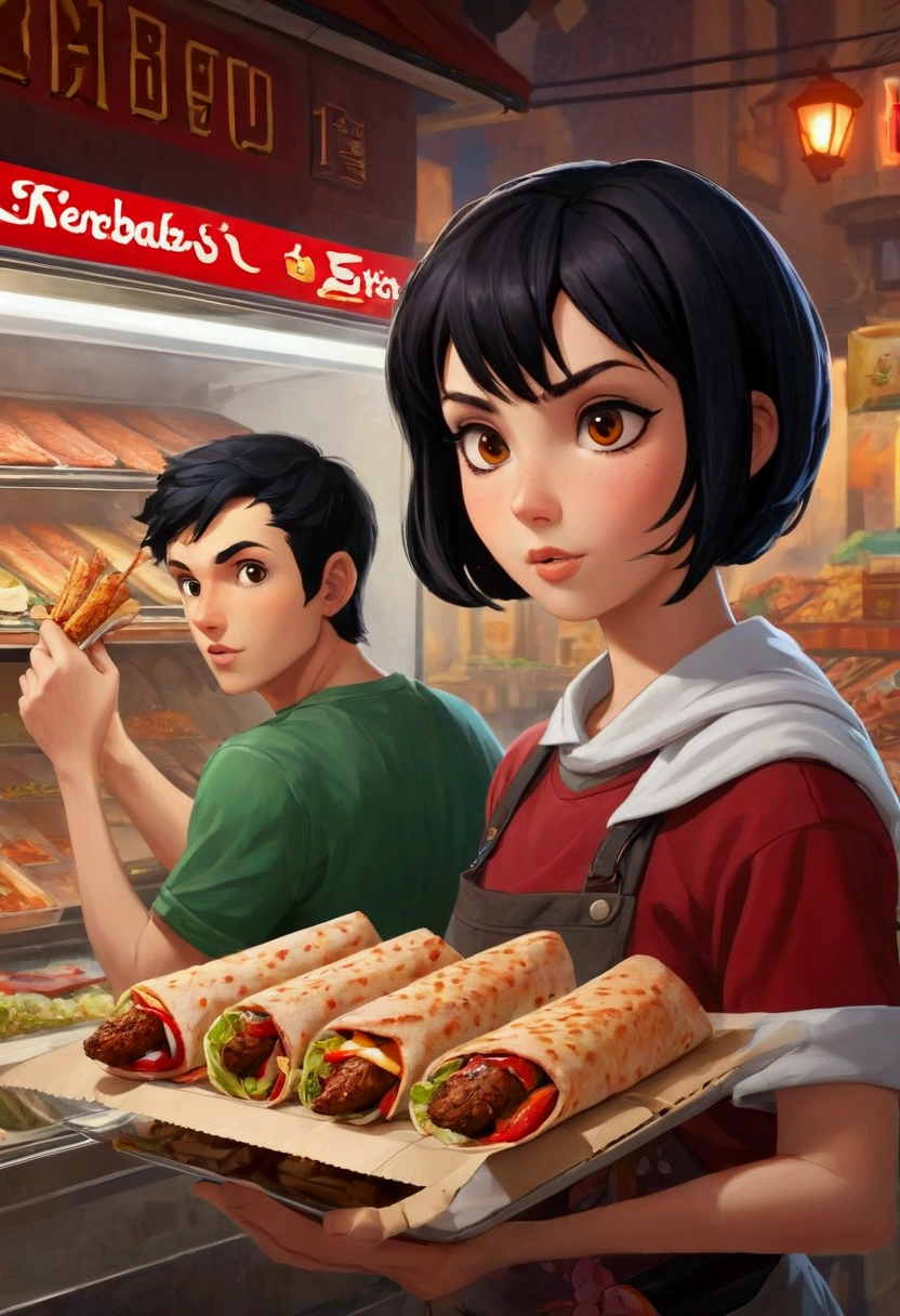 boy 25 year old with black hair medium lenght and girl 25 year old with dark red short hair ordering a kebab