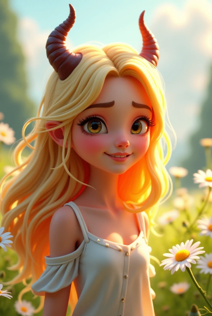 Create an animated gaming avatar called Daisy (should be sweet and have horns, young woman) blond but also dangerous. Add daisies to the picture