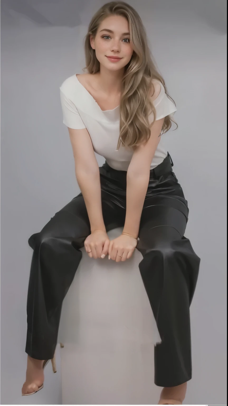 Face of a woman, americana, age 25, pale skin and freckles, grey-eyed, delicate nose, soft and delicate lips, Long Wavy Gray Blonde Hair, Sweet smile, loose and full hair