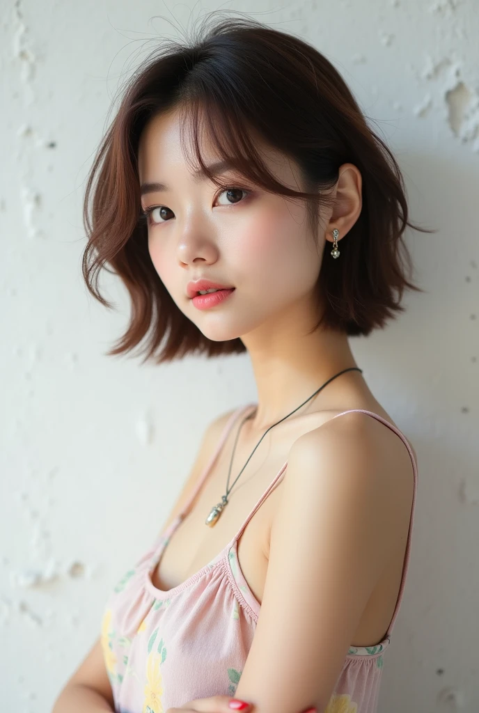 White concrete background、(8k、RAW Photos、Highest quality、masterpiece:1.2)、High-quality RAW color photos、Professional photos、(Realistic、フォトRealistic:1.37)、Photographed in natural light、1 person,necklace、Pastel camisole、(Beautiful profile:1.3)、profile、Shortcuts、((Brown Hair)、short hair、Eye color is dark brown、(Beautiful profile:1.3)、Correct hand of human body、Simple earrings、Looking at the camera