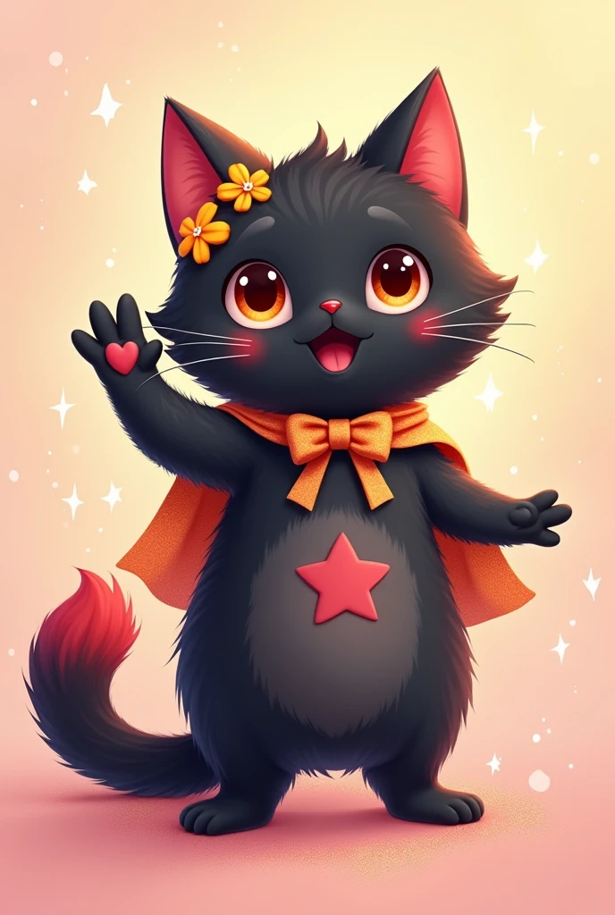 Very cute black tomcat, There is a yellow flower in his ear, Stand and wave, The red star mark on his stomach, A cape to wear on the shoulders, Red Tail, Pastel colored fluffy, Glitter effect