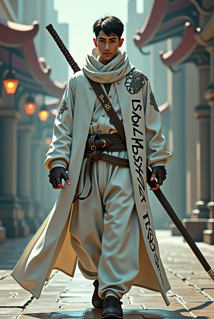 a male, short black hair around age 25, Muslim, small mole on left cheek, wearing tech white cloak, have Mata Dragon roman text on clock, slim body, holding katana, cyberpunk, big name tag using roman text FAYRUL text on clock, Mata Dragon roman text carve at katana, have bow on back, walking toward camera.