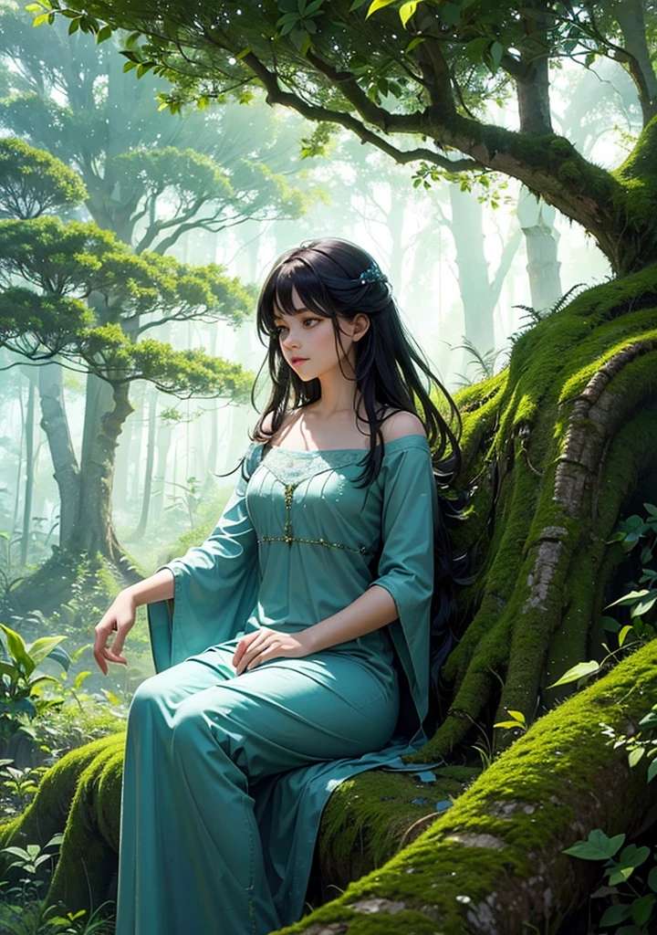 A young girl sitting on a mossy log in a tranquil forest, deep in thought, sunlight filtering softly through the dense canopy, casting dappled light around her, with a dream bubble floating above her head illustrating her imagination of having large luminescent wings and soaring gracefully above the treetops surrounded by birds and a clear blue sky, the scene inside the bubble vibrant and magical in contrast to the calm, earthy tones of the forest, capturing a blend of serenity, wonder, and the longing to break free and explore the skies
