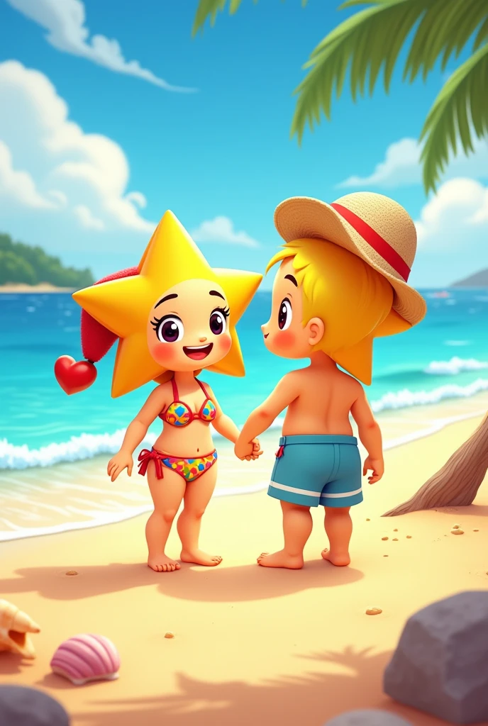 Create a cute little star in a bikini and another  man star in shorts , on a beautiful beach with hands together looking at the beach happily 