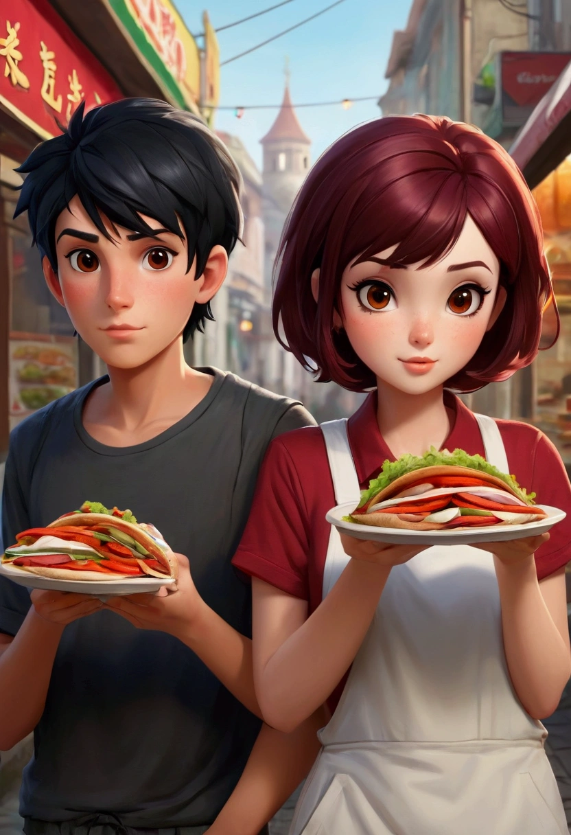 boy 25 year old with black hair medium lenght and girl 25 year old with dark red short hair ordering a kebab