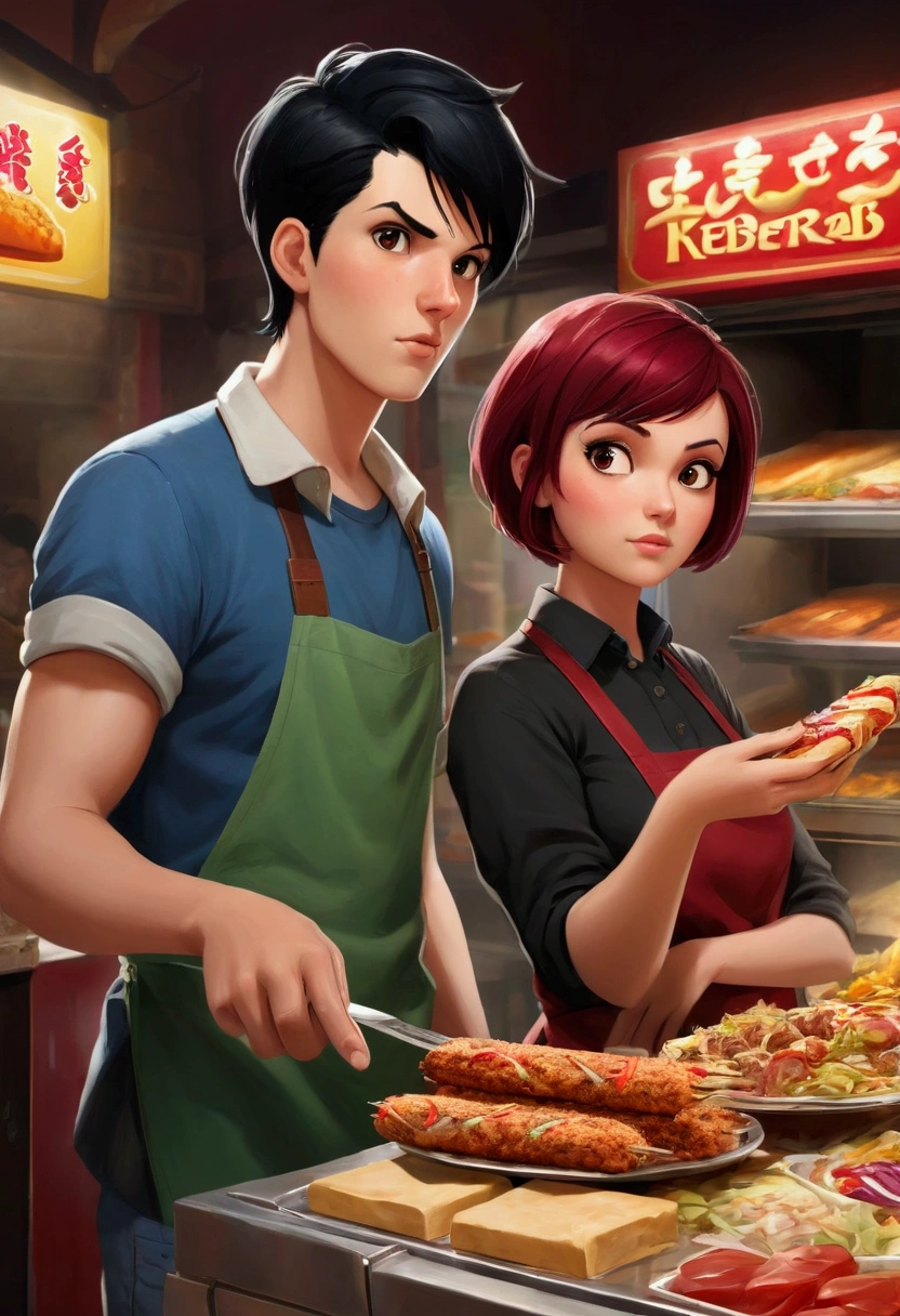 boy 25 year old with black hair medium lenght and girl 25 year old with dark red short hair ordering a kebab