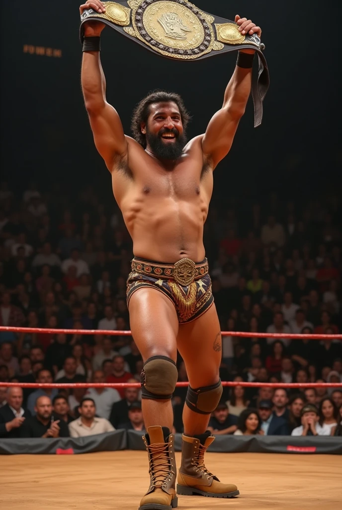 Indian wrestler winner wearing timberland boots, tight trunks showing his cock bulge and raising his heavyweight championship belt with one hand for all to see while trampling on his opponents bum