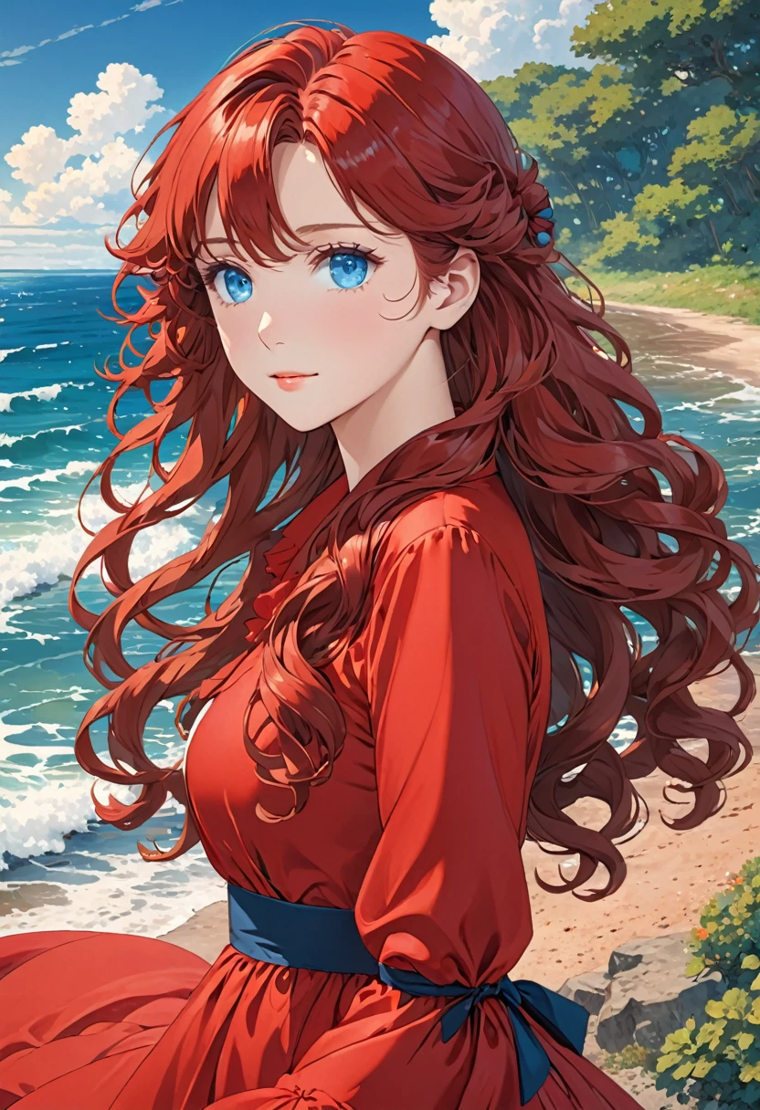 Anime image of a girl. Long red hair. Blue eyes. Near the sea. Curly silky hair,red dress,