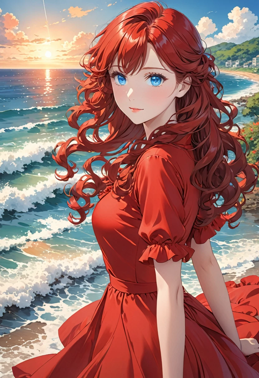 Anime image of a girl. Long red hair. Blue eyes. Near the sea. Curly silky hair,red dress,