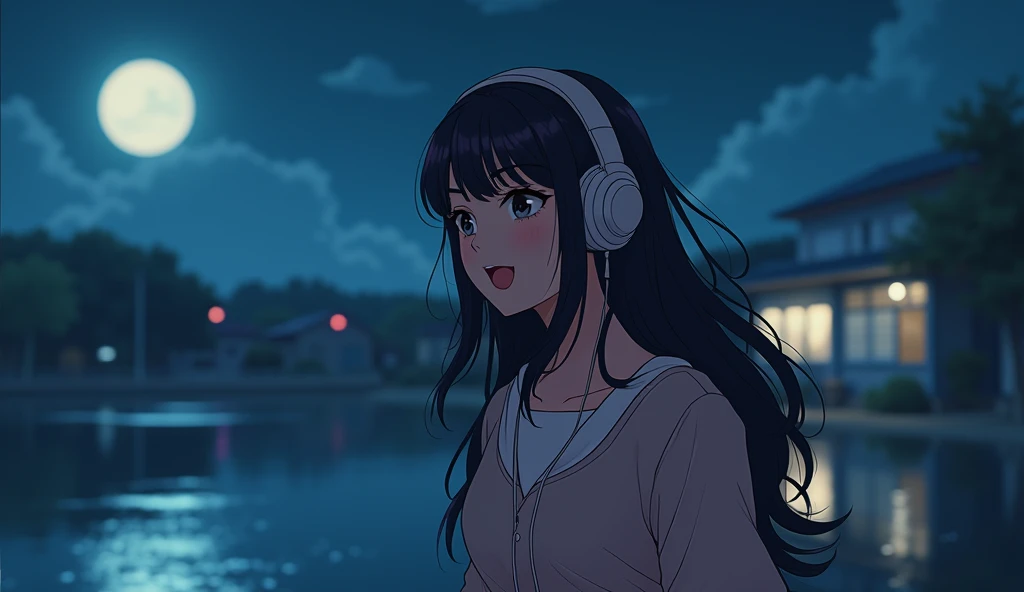 Perfect image, night、Calm atmosphere、Dressed up、excited、high school girl、Big Breasts、Use headphones、8k, 2D-style animation, Lo-Fi、Retro、Anime style illustrations、Line art with clear outlines