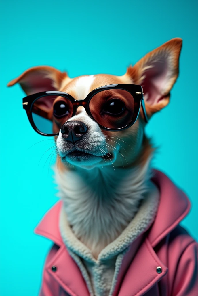 The best cell phone wallpaper, Award-Winning Wallpaper, portrait photography, In the front view is a portrait of a cute dog wearing mid-1960s space age fashion, Side view photo, Shot with Canon EOS R5, Set a strong contrast that accentuates the subject, Fluorescent blue tone, Wearing a very modern coat and sunglasses is a modern 1960s style, Clothes all in one color, beautiful background