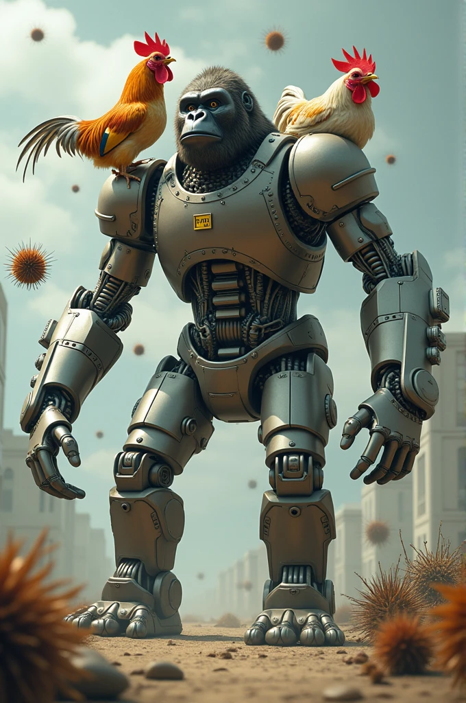 A robot gorilla with underwear on its head, with a chicken coming out of its back shooting sea urchins at a cardiologist.