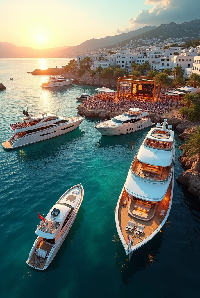 create an image of several boats stopped in Ibiza, com um mega show de Djs, Royal style.