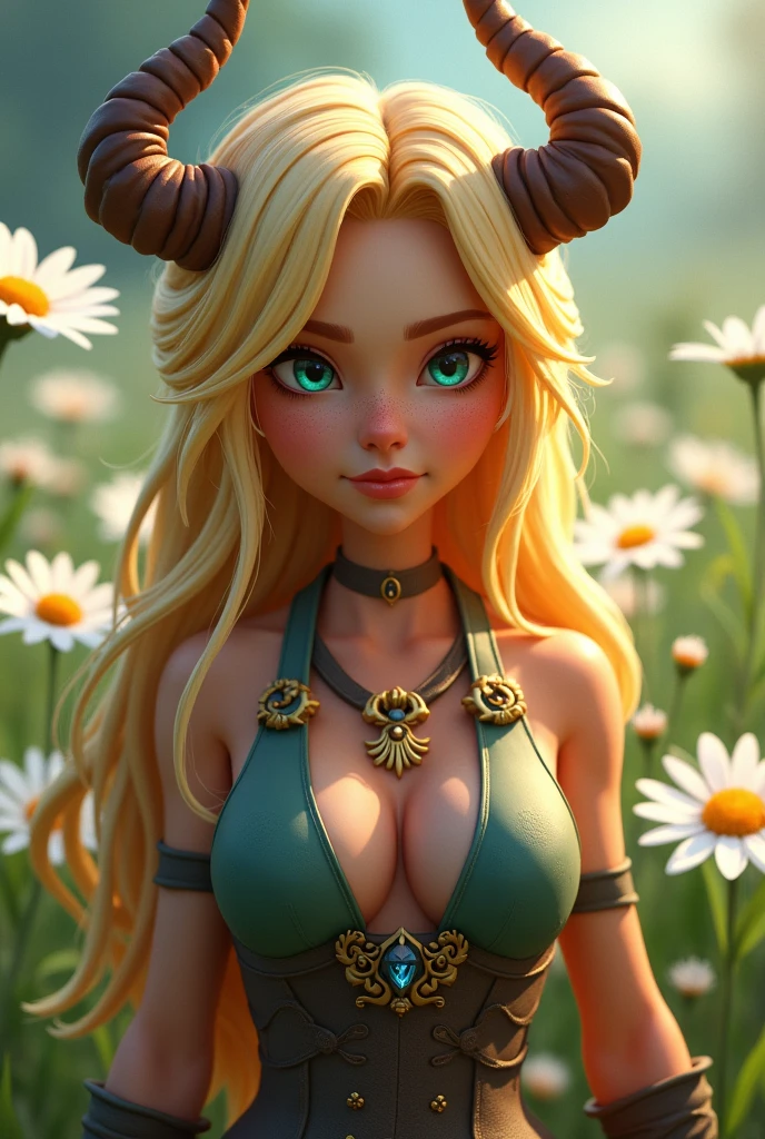 Create an animated gaming avatar called Daisy (should have horns, young woman) blond but also dangerous. Add daisies to the picture