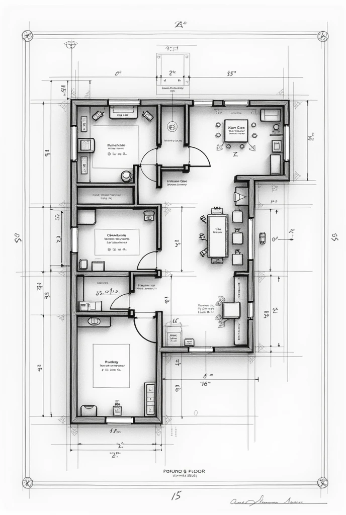 groundloor plan of mansion engineer drafting  black and white sketch