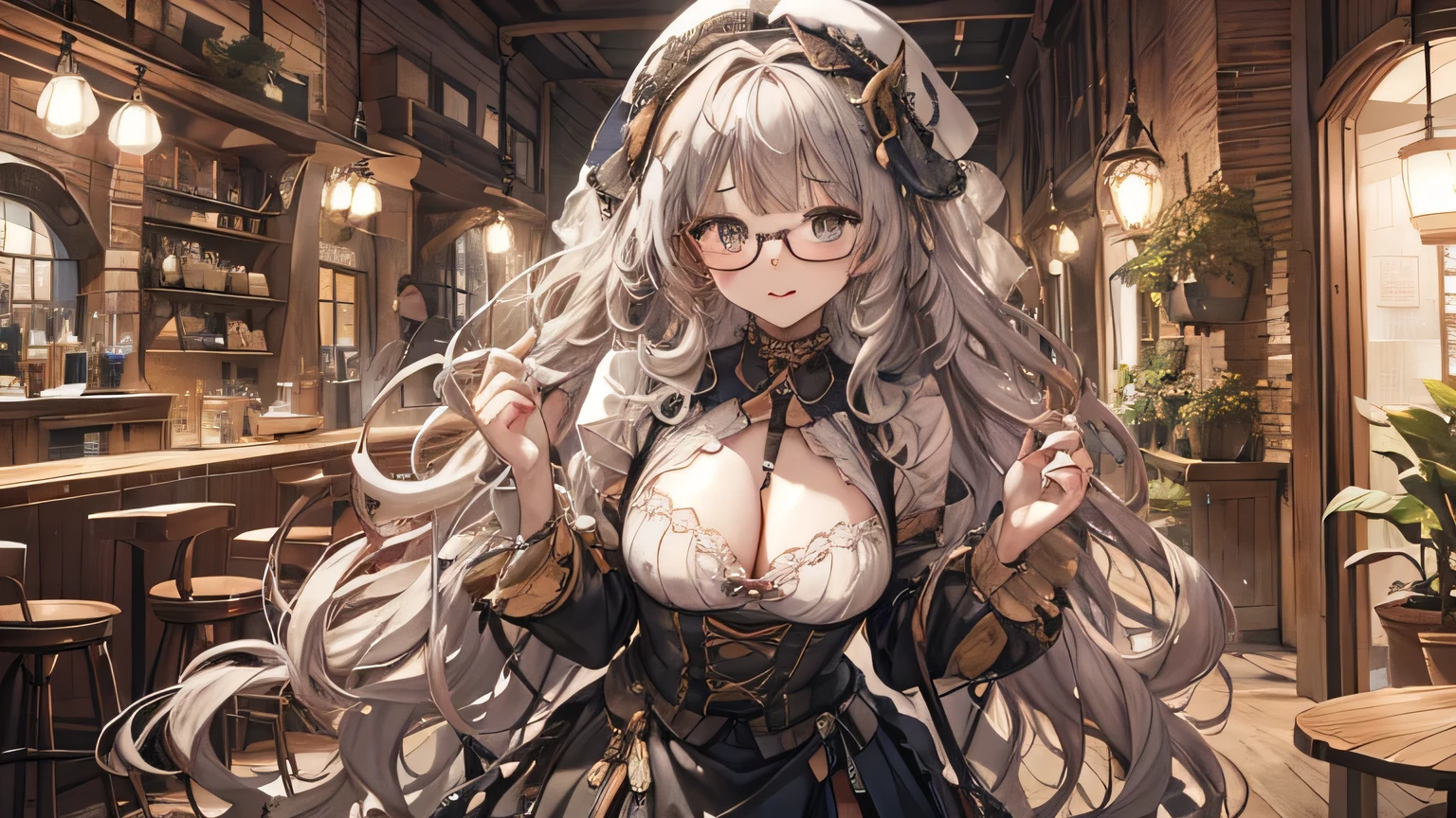 Curly long hair with glasses、Has loose braids、A cute girl in her 20s with a baby face。Her are around D cup and she wears cute gothic clothes.、The location is a cafe surrounded by greenery。The expression is a smile、Draw a little larger、Beautiful breastsace、skirt、Silver Hair、Grey Hair、Slim body、